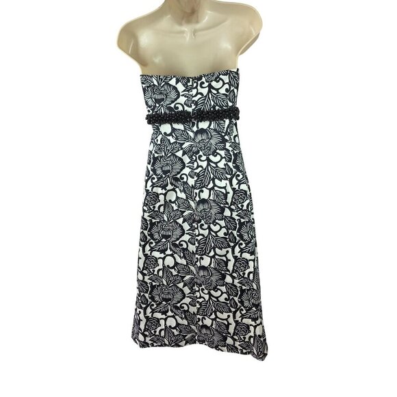 Ruth Black White Strapless Cotton Sheath Dress Size 4 Beaded Bustline Stretch - Picture 4 of 8